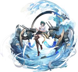 1girl absurdres armor artist_request azur_lane bell black_pantyhose black_skirt bracelet breasts cannon dark_green_hair dead_or_alive dead_or_alive_6 dead_or_alive_xtreme full_body green_eyes green_hair hair_between_eyes high_heels highres jewelry jingle_bell large_breasts long_hair medium_hair non-web_source official_art one_eye_closed pantyhose partially_unbuttoned plate_armor ribbon ship_turret shirt skirt tamaki_(doa) thighs transparent_background waves white_ribbon white_shirt
