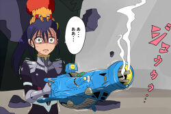 Rule 34 | 1girl, afro, commentary request, conch (gundam), crossover, densetsu kyojin ideon, energy cannon, gun, gundam, gundam gquuuuuux, holding, holding weapon, ideon gun, long hair, mecha, mecha pilot suit, military uniform, nishi koutarou, normal suit (gundam), nyaan (gundam gquuuuuux), open mouth, robot, science fiction, shaking, smoke, speech bubble, surprised, sweatdrop, translation request, weapon, wide-eyed, yellow eyes