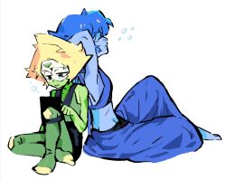 2girls arms_behind_head back-to-back barefoot blonde_hair blue_hair blue_shirt blue_skin blue_skirt closed_eyes colored_skin forehead_jewel full_body green_leotard green_skin halter_shirt halterneck holding holding_tablet_pc lapis_lazuli_(steven_universe) leotard midriff multiple_girls peridot_(steven_universe) shirt short_hair simple_background sitting skirt steven_universe sunnyirry tablet_pc white_background