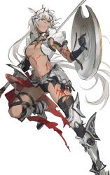 Rule 34 | 1girl, animal ears, armlet, armor, armored boots, asymmetrical gloves, bikini, black bikini, black gloves, black thighhighs, blue eyes, body markings, boots, breasts, caenis (fate), caenis (second ascension) (fate), clenched hand, dark-skinned female, dark skin, elbow gloves, fate/grand order, fate (series), full body, gauntlets, gloves, grin, headpiece, highres, holding, holding polearm, holding shield, holding weapon, horse ears, jewelry, knee pads, leg up, long hair, looking up, low ponytail, medium breasts, midriff, mimulishizi, navel, out of frame, parted lips, pauldrons, polearm, ponytail, shield, shoulder armor, silver boots, simple background, single thighhigh, smile, solo, spear, swimsuit, thigh strap, thighhighs, torn clothes, torn thighhighs, underboob, uneven gloves, waist cape, weapon, white background, white hair