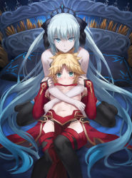 2girls absurdres armor bad_id bad_twitter_id bandeau bare_shoulders black_bow black_legwear blonde_hair blue_eyes blush bow braid breasts detached_sleeves fate/apocrypha fate/grand_order fate_(series) faulds green_eyes grey_hair hair_bow half_up_braid highres large_breasts long_hair looking_at_viewer lying mordred_(fate) mordred_(fate/apocrypha) morgan_le_fay_(fate) mother_and_daughter multiple_girls navel on_back parted_bangs pelvic_curtain ponytail sidelocks sitting small_breasts thighhighs thighs tonee very_long_hair wariza