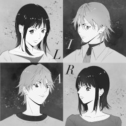 1boy 1girl absurdres akiyama_shinichi black_background black_hair gensou_getsumen_rt grey_background greyscale highres kanzaki_nao liar_game looking_at_viewer medium_hair monochrome multiple_views two-tone_background