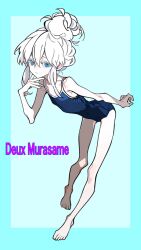 1girl barefoot bent_over blue_background blue_eyes blue_one-piece_swimsuit character_name colored_eyelashes commentary_request deux_murasame flat_chest freckles gundam gundam_gquuuuuux hair_bun kisaragi_shokuin looking_at_viewer one-piece_swimsuit pale_skin school_swimsuit simple_background single_hair_bun skinny solo standing swimsuit white_hair