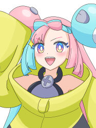 Rule 34 | 1girl, :d, absurdres, blush, bow-shaped hair, bright pupils, character hair ornament, commentary request, eyelashes, grey shirt, hair ornament, happy, highres, iono (pokemon), jacket, long hair, multicolored hair, nintendo, open mouth, pokemon, pokemon sv, shirt, simple background, sleeveless, sleeveless shirt, smile, solo, sou (nekomame12345), sparkle, teeth, two-tone hair, upper body, upper teeth only, white background, white pupils, yellow jacket