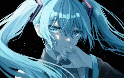 1girl absurdres black_background black_sleeves blue_eyes blue_hair blue_nails blue_necktie closed_mouth collared_shirt crying detached_sleeves grey_shirt hair_between_eyes hand_up hatsune_miku highres lips long_hair looking_at_viewer necktie portrait saikisaika shirt sleeveless sleeveless_shirt solo tears twintails vocaloid wide_sleeves wing_collar