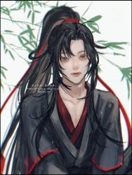 1boy ahoge artist_name bamboo bamboo_leaf bishounen black_border black_hair black_hanfu border chinese_clothes closed_mouth collarbone eyelashes hair_ribbon hanfu highres leaf letterboxed long_hair long_sleeves looking_at_viewer male_focus modao_zushi ojisan_rbt outside_border pectoral_cleavage pectorals ponytail purple_eyes red_ribbon ribbon robe sidelocks sitting solo twitter_username upper_body watermark wei_wuxian white_background wide_sleeves