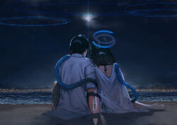 1boy 1girl animal_ears arm_support bakeneko barefoot beach betabeet bikini black_bikini black_hair black_tail blue_archive blue_bikini blue_halo blue_tail cat_ears cat_girl cat_tail commentary floral_print from_behind gradient_tail halo haori head_on_another&#039;s_shoulder highres japanese_clothes kikyou_(blue_archive) kikyou_(swimsuit)_(blue_archive) moon multiple_tails night night_sky ocean on_ground outdoors sensei_(blue_archive) shirt short_hair sitting sky sleeves_rolled_up swimsuit tail toes two_tails white_haori white_shirt yokozuwari