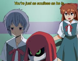 Rule 34 | 1boy, 2girls, ayanami rei, bendedede, black sclera, brown hair, closed mouth, colored sclera, crossover, elevator, english text, green eyes, hair ribbon, long hair, metal knuckles, multiple girls, neck ribbon, neon genesis evangelion, red eyes, red neckwear, ribbon, robot, school uniform, short hair, sketch, sonic (series), sonic r, sonic the hedgehog (classic), souryuu asuka langley, standing, subtitled, tokyo-3 middle school uniform