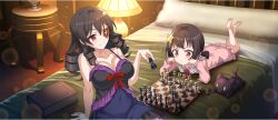 2girls arm_support arue_(konosuba) babydoll barefoot bed bedroom black_cat blanket board_game book breasts brown_hair cat chess chess_piece child chomusuke cleavage closed_mouth collarbone covered_navel drill_hair drill_sidelocks eyepatch frilled_nightgown game_cg hair_between_eyes hair_ornament hairpin hands_on_own_cheeks hands_on_own_face highres holding holding_chess_piece indoors komekko kono_subarashii_sekai_ni_shukufuku_wo! konosuba!_fantastic_days lamp large_breasts legs_up long_hair looking_at_another lying multiple_girls nightgown official_alternate_costume official_art on_bed on_stomach pink_nightgown purple_babydoll red_eyes red_ribbon ribbon shade short_hair short_twintails sidelocks sitting smile sparkle star_(symbol) star_hair_ornament twintails winged_cat