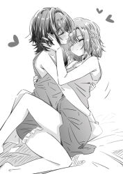 2girls asanagi_yori blush braid closed_eyes closed_mouth commentary couple half_up_braid half_updo hand_on_another&#039;s_cheek hand_on_another&#039;s_face heart highres hug kino_himari lwmina70119 multiple_girls pajamas sasayaku_you_ni_koi_wo_utau short_hair sidelocks sleeveless smile wolf_cut yuri