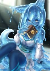 1girl animal_ears blue_hair blue_skin blue_thighhighs book breasts cat_ears cat_tail collar colored_skin core curss dress glass highres holding holding_book looking_at_viewer melting monster_girl orange_eyes original round_eyewear see-through_body short_hair sitting slime_(substance) slime_girl small_breasts solo tail thighhighs white_arm_warmers white_dress