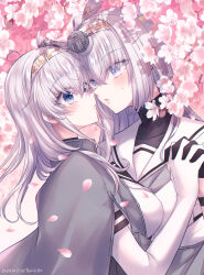 2girls black_gloves blue_eyes blush bodysuit breasts cherry_blossoms dated fuyutsuki_(kancolle) gloves grey_hair grey_neckerchief hachimaki hair_between_eyes headband headgear highres holding_hands kabocha_torute kantai_collection large_breasts long_hair multiple_girls neckerchief noses_touching one_side_up parted_lips petals sailor_collar school_uniform serafuku suzutsuki_(kancolle) sweat twitter_username upper_body white_bodysuit white_headband white_neckerchief white_sailor_collar yuri