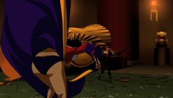 1girl arsenal_(dc) ass black_gloves black_panties bodysuit cheshire_(dc) china_dress chinese_clothes dc_comics dress facepaint full_body gloves hair_bun hair_ornament multicolored_dress orange_hair panties pants pantyshot purple_dress red_bodysuit red_dress roy_harper sai_(weapon) short_hair solo superhero_costume two-tone_bodysuit underwear weapon yellow_dress young_justice