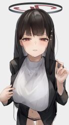 Rule 34 | 1girl, absurdres, black hair, black halo, black jacket, blue archive, blunt bangs, blush, breasts, bright pupils, closed mouth, grey background, hair ornament, hairclip, hairpin, halo, highres, jacket, jun daniell, large breasts, long hair, long sleeves, looking at viewer, multicolored halo, navel, panties, parted lips, red eyes, rio (blue archive), see-through clothes, shirt, simple background, solo, sweat, sweatdrop, sweater, turtleneck, turtleneck sweater, two-tone halo, underwear, white pupils, white sweater