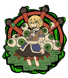 bags_under_eyes blonde_hair bridge eyeball fang green_eyes highres kuri_dora long_ears mizuhashi_parsee pointy_ears skirt touhou water wheel
