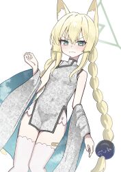 1girl absurdres alternate_costume alternate_hairstyle angry animal_ear_fluff animal_ears bandaid bandaid_on_leg bare_shoulders blonde_hair blue_archive blush braid china_dress chinese_clothes closed_mouth dress fox_ears fox_girl green_eyes hair_between_eyes highres inaba_reito kurumi_(blue_archive) long_hair looking_at_viewer pelvic_curtain shawl sidelocks sleeveless sleeveless_dress solo thighhighs twin_braids white_dress white_shawl white_thighhighs
