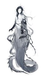 Rule 34 | 1other, absurdres, black hair, braid, carrying bag, chongzhen 085, clawed hands, commentary, crown, expressionless, flat chest, greyscale, highres, lamia, looking at viewer, monochrome, monster girl, original, scales, simple background, sketch, snake hair, snake tail, tail, white background