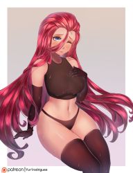 Rule 34 | 1girl, absurdres, bare shoulders, black gloves, black panties, blue eyes, blush, boots, border, breasts, closed mouth, crop top, elbow gloves, female focus, gloves, grey background, hair between eyes, hair slicked back, highres, jessie (pokemon), lips, long hair, medium breasts, midriff, navel, nintendo, one eye closed, panties, pokemon, pokemon (anime), pokemon dp117, pokemon dppt (anime), red hair, simple background, sitting, sleeveless, solo, thigh boots, thighhighs, underwear, wet, white border, yur1rodrigues