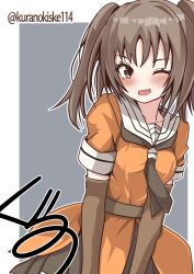 1girl black_gloves black_skirt brown_eyes brown_hair commentary_request cowboy_shot elbow_gloves gloves grey_background highres kantai_collection kurano_kisuke one-hour_drawing_challenge orange_serafuku orange_shirt pleated_skirt school_uniform sendai_(kancolle) serafuku shirt signature skirt solo twitter_username two-tone_background two_side_up