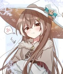 1girl alternate_costume anger_vein brown_capelet brown_eyes brown_hair capelet crossed_arms daikon_keroi friend_(nanashi_mumei) frown fur_trim furrowed_brow hat highres hololive hololive_english long_hair looking_at_viewer multicolored_hair nanashi_mumei objectification ribbon shirt snowflakes spoken_anger_vein streaked_hair very_long_hair virtual_youtuber white_shirt witch_hat