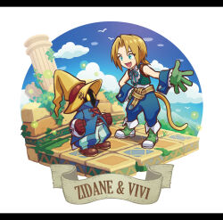 2boys :d blonde_hair blue_coat blue_pants blue_sky blue_wrist_cuffs boots brick brown_boots character_name chibi chibi_only cloud coat cropped_vest eyes_visible_through_hair final_fantasy final_fantasy_ix gloves green_eyes green_gloves green_shoes green_vest hat highres lace-up lace-up_top low_ponytail male_focus monkey_tail multiple_boys nomo96 open_mouth outdoors pants parted_bangs ponytail puffy_pants shoes short_ponytail sky smile striped_clothes striped_pants tail vertical-striped_clothes vertical-striped_pants vest vivi_ornitier white_pants wizard_hat wrist_cuffs yellow_eyes zidane_tribal