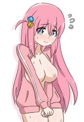 1girl aged_down blue_eyes blush bocchi_the_rock! breasts closed_mouth female_focus gotoh_hitori jua long_hair looking_at_viewer medium_breasts nipples nose pink_hair simple_background solo standing sweat uncensored wet white_background