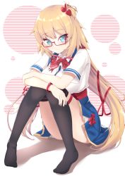 1girl absurdres akai_haato akai_haato_(1st_costume) black_thighhighs blonde_hair blue_eyes blue_skirt blush borumete breasts commentary_request female_focus glasses hair_ornament hair_ribbon heart heart_hair_ornament highres hololive large_breasts long_hair looking_at_viewer no_shoes one_side_up red_ribbon ribbon shirt short_sleeves sitting skirt smile solo thighhighs virtual_youtuber white_shirt