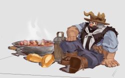 1boy absurdres alternate_costume beard boots bread brown_hair captainpacito cooking dungeon_meshi dwarf facial_hair fake_horns food full_body hand_on_floor hat helmet highres horned_helmet horns large_hands long_beard looking_to_the_side male_focus mustache senshi_(dungeon_meshi) sitting solo sparse_arm_hair steam sun_hat thick_mustache very_long_beard wok