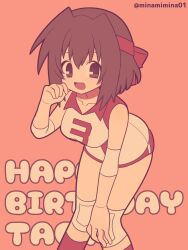Rule 34 | 1girl, absurdres, bandaid, breasts, girls und panzer, hair ornament, highres, kondou taeko, large breasts, minami mina, open mouth, short hair, simple background, smile, solo, sportswear, standing