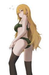 Rule 34 | 1girl, ass, blonde hair, bra, brown thighhighs, closed mouth, commentary, feet out of frame, from behind, green bra, green panties, highres, long hair, looking at viewer, looking back, original, panties, satellite999, simple background, solo, thighhighs, thighhighs pull, underwear, white background, yellow eyes