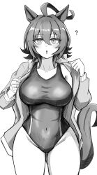 1girl ? agnes_tachyon_(umamusume) ahoge alternate_costume animal_ears chestnut_mouth commentary_request cowboy_shot greyscale hair_between_eyes highres horse_ears horse_girl horse_tail jacket long_sleeves looking_at_viewer messy_hair miya_nns35 monochrome one-piece_swimsuit removing_jacket short_hair simple_background solo swimsuit tail umamusume white_background