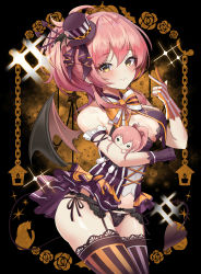 absurdres animal_print asymmetrical_gloves asymmetrical_legwear bare_shoulders black_background black_bow black_bowtie black_gloves black_hat black_panties black_thighhighs blue_thighhighs blush bow bowtie breasts cameltoe candle cat_print character_doll cleavage closed_mouth clothing_request commentary_request cowboy_shot demon_girl demon_tail demon_wings floral_print garter_belt gloves hair_bow hand_up hat highres holding idolmaster idolmaster_cinderella_girls idolmaster_cinderella_girls_starlight_stage jougasaki_mika lace_trim lamp large_breasts long_hair mini_hat mismatched_gloves mismatched_legwear multicolored_bow orange_bow orange_bowtie orange_thighhighs panties pink_hair ponytail red_bow small_hands smile solo sparkle standing striped_clothes striped_gloves striped_thighhighs sylph_kim tail thighhighs top_hat underwear vertical-striped_clothes vertical-striped_thighhighs white_bow white_bowtie wings yellow_eyes