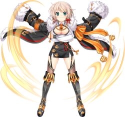 1girl aqua_eyes armor black_jacket bob_cut breasts cleavage collared_shirt crossed_arms garter_straps greaves grey_hair jacket large_breasts long_sleeves looking_at_viewer maeda_matazaemon_wanko_toshie motion_lines mtu_(orewamuzituda) necktie open_clothes open_jacket orange_necktie red_ribbon ribbon sengoku_koihime shirt short_hair simple_background skirt smile solo standing tareme thighhighs thighs transparent_background v-shaped_eyebrows white_shirt