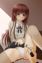 Rule 34 | 1girl, amagami, blush, body writing, brown hair, choker, clothes lift, hosi-gaki, indoors, kamizaki risa, long hair, long sleeves, looking at viewer, panties, pen, ribbon choker, school uniform, shitou (4h), skirt, skirt lift, smile, solo focus, tally, underwear, upskirt, white panties