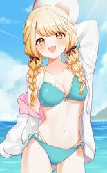 Rule 34 | 1girl, absurdres, aqua bikini, arm up, armpit crease, ball, beachball, bikini, black bow, blonde hair, blush, bow, braid, breasts, c7 master, collarbone, commentary request, fang, front-tie bikini top, front-tie top, fujita kotone, gakuen idolmaster, gluteal fold, hair bow, highres, holding, holding ball, holding beachball, idolmaster, jacket, jacket partially removed, kimi to semi blue (idolmaster), long hair, medium breasts, navel, official alternate costume, open clothes, open jacket, outdoors, side-tie bikini bottom, skin fang, smile, solo, stomach, swimsuit, twin braids, two-sided fabric, two-sided jacket, white jacket, yellow eyes