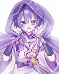 1boy armor blunt_bangs blunt_ends bow ckiows clothing_cutout eyeliner eyeshadow feathers genshin_impact hands_up highres japanese_armor japanese_clothes kariginu kimono kote kurokote long_sleeves looking_at_viewer makeup male_focus mandarin_collar open_mouth pom_pom_(clothes) purple_bow purple_eyes purple_hair purple_kimono purple_sash purple_sleeves purple_veil red_eyeliner red_eyeshadow sash scaramouche_(genshin_impact) scaramouche_(kabukimono)_(genshin_impact) shoulder_cutout solo string tasuki upper_body veil white_background white_sleeves wide_sleeves wispy_bangs yellow_feathers