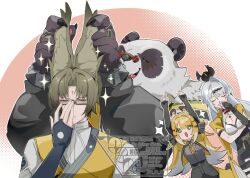 2boys 2girls animal_ears ben-day_dots bird black_fur black_shorts blonde_hair bracelet brown_hair chinese_clothes claws closed_eyes covering_own_mouth fangs glasses hands_on_another&#039;s_ears jewelry ju_fufu multicolored_fur multiple_boys multiple_girls open_mouth pan_yinhu panda_boy panda_ears screentones shirt shorts smile sparkle sparkling_eyes spiked_bracelet spikes tiger_ears tiger_stripes to_te_na watermark white_fur white_hair ye_shiyuan yellow_shirt yi_xuan_(zenless_zone_zero) zenless_zone_zero