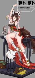 1girl :d absurdres animal_ear_fluff animal_ears armpits arms_up bracelet breasts brown_hair censored chinese_text cleavage coin commentary_request commission detached_sleeves dress fox fox_ears fox_tail full_body green_eyes grey_background hair_ornament highres honkai:_star_rail honkai_(series) jade_bracelet jewelry long_hair looking_at_viewer on_table open_mouth s_luoboluobo sandals sash sitting smile socks solo stretching table tail tingyun_(harmony)_(honkai:_star_rail) tingyun_(honkai:_star_rail) translation_request