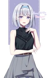 1girl :d artist_name bare_arms bare_shoulders belt black_shirt blue_hairband bob_cut breasts bright_pupils brown_belt commentary_request commission cowboy_shot do_while02 english_text grey_hair grey_skirt hair_intakes hairband hand_up highres jewelry lace lace-trimmed_shirt lace_trim light_blush looking_at_viewer medium_hair necklace open_mouth original purple_eyes second-party_source shirt shirt_tucked_in sidelocks signature skeb_commission skirt sleeveless sleeveless_shirt small_breasts smile solo white_pupils