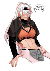 2girls abs black_hairband black_hood black_shirt blue_eyes blush bra breasts cleavage commentary covered_erect_nipples cross cross_necklace english_text engrish_text grey_pants hairband hands_on_another&#039;s_waist highres honkai_(series) honkai_impact_3rd jewelry kiana_kaslana layered_sleeves long_hair long_sleeves midriff multicolored_hair multiple_girls necklace orange_bra orange_hair orange_nails pants parted_lips ponytail purple_nails raiden_mei ranguage salt66666 shirt short_over_long_sleeves short_sleeves simple_background speech_bubble streaked_hair sweat underwear white_background white_hair yuri