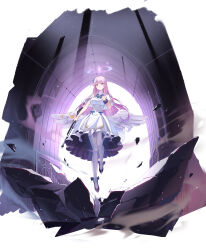 1girl absurdres angel_wings ankle_bow ankle_ribbon backlighting black_shoes blue_archive blue_bow bow breasts buttons commentary_request debris double-breasted dress dress_bow dust floating frilled_dress frills full_body gold_trim gun hair_bun halo high_heels highres lanchester_smg light_particles long_hair medium_breasts mika_(blue_archive) overskirt pantyhose pink_hair pink_halo pumps purple_scrunchie ribbon rock rubisco scrunchie shoes single_side_bun sleeveless sleeveless_dress smile solo submachine_gun two-sided_dress two-sided_fabric underbust very_long_hair weapon white_background white_dress white_pantyhose white_wings wings wrist_scrunchie yellow_eyes