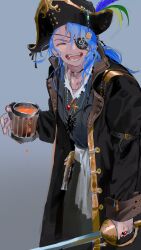 123456789qaqaqa 1boy beer_mug blue_hair closed_eyes cup cutlass dripping fangs hat hat_feather highres holding holding_cup holding_sword holding_weapon long_hair looking_at_viewer male_focus mug open_mouth original pirate_hat solo sword unsheathed weapon