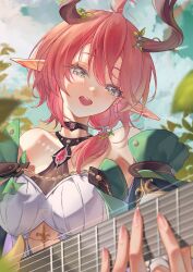 1girl absurdres bare_shoulders breasts chigusa7h ciaccona_(wuthering_waves) commentary_request day fingernails green_eyes highres horns instrument large_breasts music open_mouth outdoors pink_hair playing_instrument pointy_ears smile solo tacet_mark_(wuthering_waves) teeth upper_body upper_teeth_only wuthering_waves