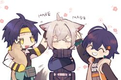 1girl 2boys :&lt; ^_^ animal animal_ears asaba_harumasa belle_(zenless_zone_zero) black_hair blue_hair blush cat cat_boy cat_ears cat_tail chibi choker closed_eyes closed_mouth crossed_arms fang flower_symbol grey_hair grin hair_ornament hand_on_another&#039;s_head headband holding holding_animal holding_cat long_sleeves multiple_boys open_mouth romaji_text seth_lowell shirt simple_background smile sound_effects sstoh tail white_background white_shirt yellow_eyes yellow_headband zenless_zone_zero