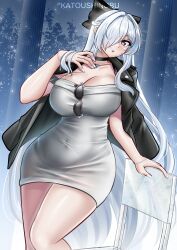 Rule 34 | 1girl, black jacket, breasts, chair, cinderella (glass princess) (nikke), cinderella (nikke), cleavage, collarbone, cowboy shot, dress, goddess of victory: nikke, grey dress, hair over one eye, jacket, katou shinobu, large breasts, leather, leather jacket, long hair, night, night sky, official alternate costume, outdoors, red eyes, short dress, sky, solo, standing, sunglasses, sunglasses removed, white hair