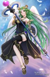 1girl alternate_color arm_shield black_thighhighs breasts chain circlet commission eva02asuka0608 feathers full_body gold_chain green_eyes green_hair highres holding holding_staff kid_icarus kid_icarus_uprising long_hair nintendo palutena second-party_source single_thighhigh skeb_commission sparkle staff super_smash_bros. thighhighs very_long_hair wings