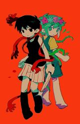 Rule 34 | 2boys, antenna hair, arms at sides, ba wu90665, back-to-back, bare arms, bare shoulders, barefoot, basil (headspace) (omori), basil (omori), black eyes, black hair, black socks, black tank top, blue flower, closed mouth, colored skin, deformed, double-parted bangs, empty eyes, extra arms, eyebrows hidden by hair, flower, flower wreath, frown, full body, green eyes, green hair, green overalls, hair between eyes, head wreath, highres, holding, holding knife, kneehighs, knife, leaf, looking at viewer, looking back, male focus, multiple boys, no pupils, no shoes, omori, omori (omori), overall shorts, overalls, pink flower, pink rose, plant, red background, rose, shirt, short hair, short sleeves, shorts, simple background, socks, tank top, very short hair, vines, white shorts, white skin, yellow shirt