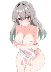 Rule 34 | 1girl, akame00, blush, breasts, cleavage, closed mouth, collarbone, completely nude, cowboy shot, double-parted bangs, firefly (honkai: star rail), grey eyes, grey hair, grey pupils, hair between eyes, hair intakes, hashtag-only commentary, highres, honkai: star rail, honkai (series), large breasts, long bangs, long hair, nude, pout, simple background, sketch, solo, standing, water drop, wet, wet towel, white background
