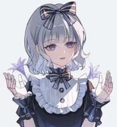 1girl black_bow black_bowtie black_choker black_dress black_wrist_cuffs blunt_bangs bow bow_choker bowtie buttons chinese_commentary choker commentary_request doll_joints dress expressionless eyelashes floral_print flower frilled_choker frilled_sleeves frilled_wrist_cuffs frills grey_background grey_hair hair_bow hands_up hui_mouren infinity_nikki joints light_blush light_particles lily_(flower) lipstick livie_(infinity_nikki) looking_to_the_side makeup nikki_(series) parted_lips pink_lips puffy_short_sleeves puffy_sleeves purple_eyes purple_flower shirt shirt_under_dress short_hair short_sleeves simple_background solo striped_bow striped_bowtie striped_clothes teeth upper_body wavy_hair white_shirt wrist_cuffs
