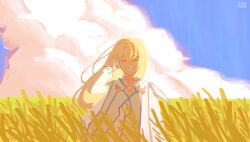 Rule 34 | blonde hair, blue sky, brushing hair, brushing own hair, closed eyes, cloud, cloudy sky, colette brunel, dress, facing viewer, field, gold choker, highres, horizon, jacket, light blush, signature, sky, smile, tales of (series), tales of symphonia, vyntuse, wheat field, white dress, white jacket